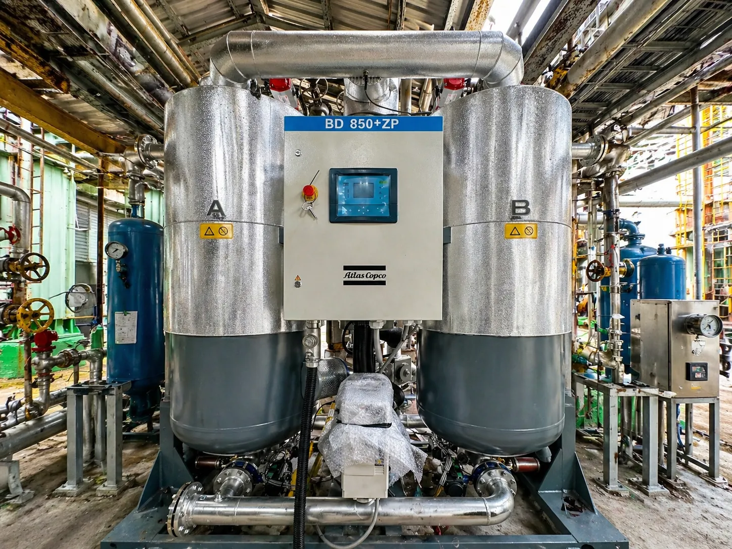 高雄化學廠|無耗氣吸附式乾燥機節能升級案例(BD850+ZP) 高雄化學廠導入Atlas Copco BD850+ZP無耗氣吸附式乾燥機,將再生耗氣由18%降至0%,大幅降低空壓機負載並提升系統能源效率