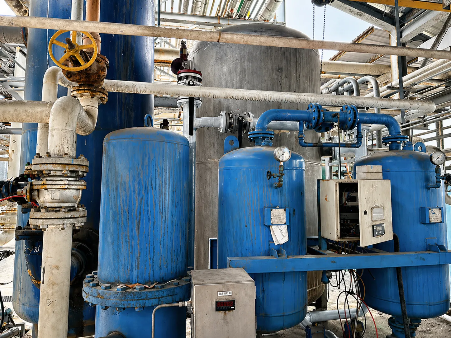 高雄化學廠|舊型吸附式乾燥機高耗氣與能源浪費問題 高雄化學廠舊型無熱式吸附乾燥機再生耗氣約15%至20%,造成空壓系統長時間高負載與能源浪費
